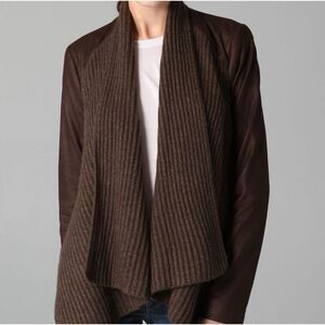 Vince Revolve Brown Leather Wool Knit Draped Open Front Jacket Size M